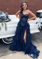 Maud | A Line Sequin Appliques Tiered Navy Blue Maxi Formal Dress Stores Near Me - Price #price_variant_lowest# - Navy Blue - PromDressClub